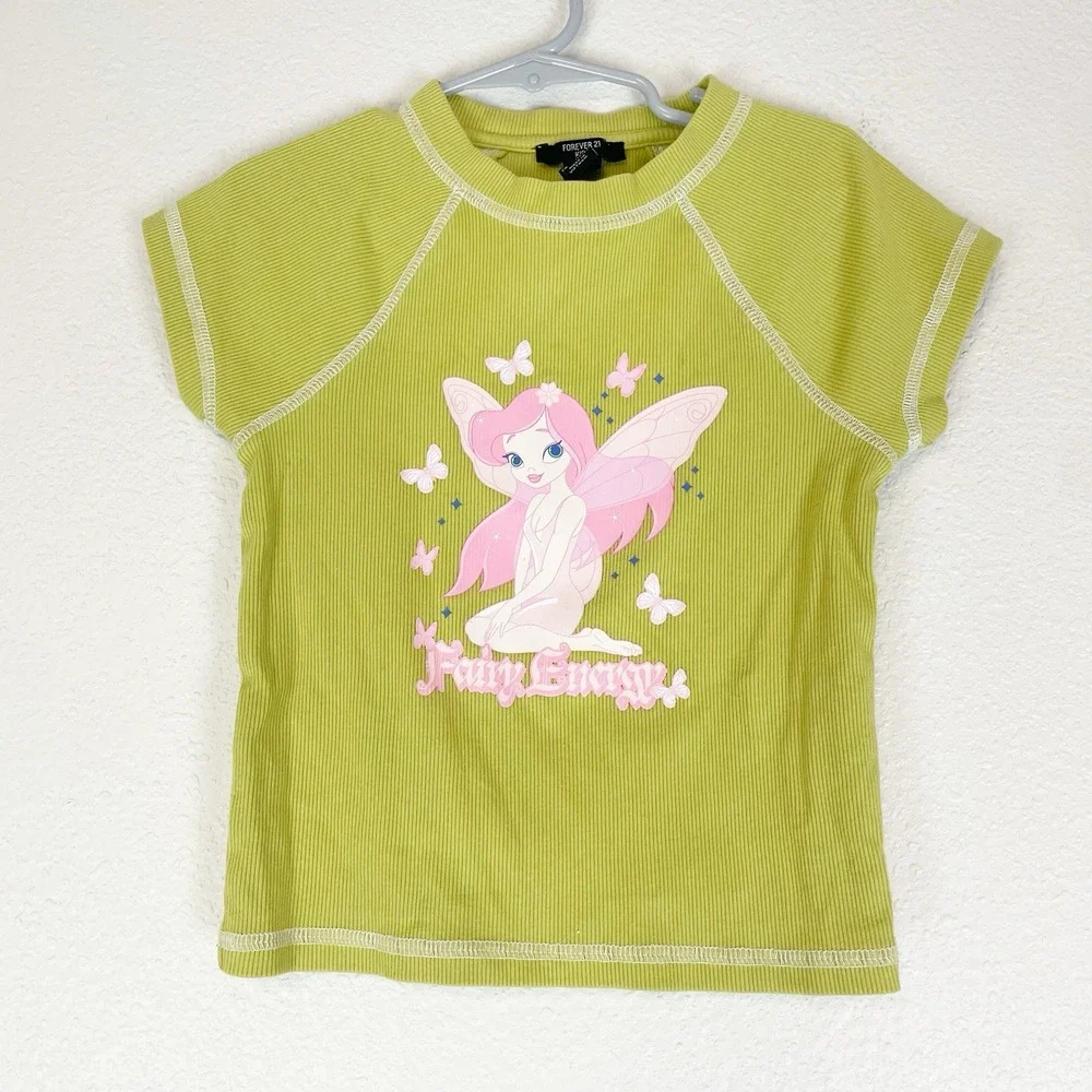 Forever 21 Kids Top Girls 5/6 Fairy Energy Graphic Print Fairycore Green Ribbed